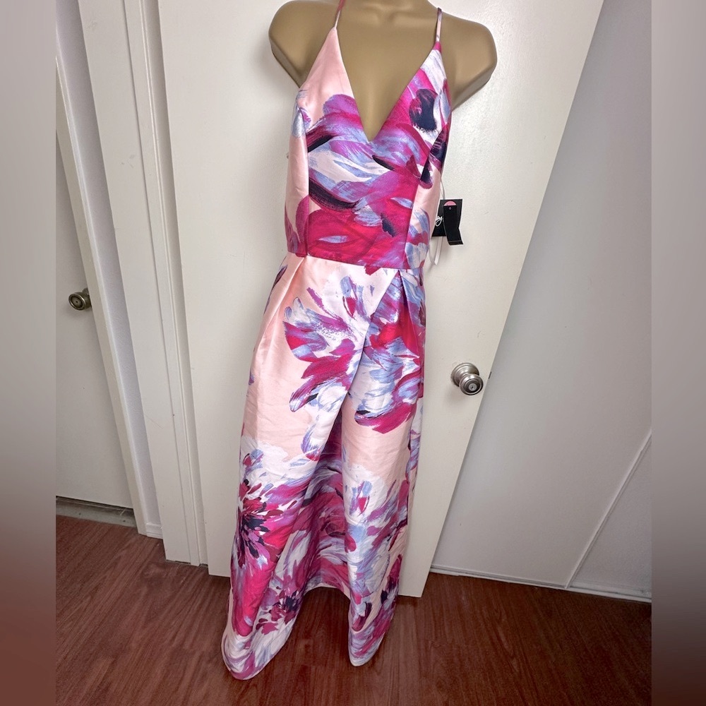 by & by Pink Purple Artsy Formal Print Thin Strap VNeck Formal Maxi Dress NWT 11
